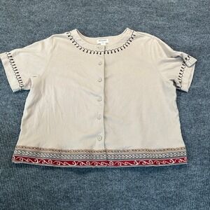 Bechamel II Button Front Top 2X Beige Embroidered 100% Cotton
